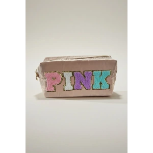 Kahve Renk Pınk Yazılı Makyaj Çantası
