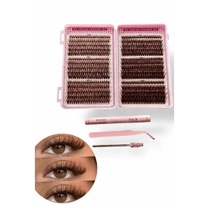 Kahve Renk Yapıştırıcılı / Tutma Aparatlı Doğal Görünümlü İpek Kirpik Set