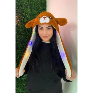 Kahverengi Ayı Figürlü Işıklı Kulakları Oynayan Peluş Şapka