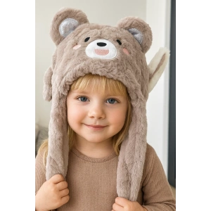 Kahverengi Ayıcık Figürlü Kulakları Oynayan Peluş Şapka