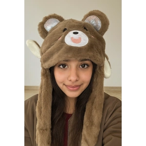 Kahverengi Ayıcık Figürlü Kulakları Oynayan Peluş Şapka