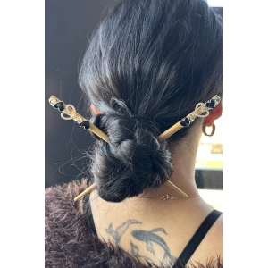 Kahverengi Kalp Figürlü İkili Topuz Tokası/ Kalemi