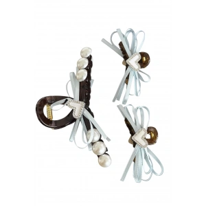 Kahverengi Kalp Figürlü İnci Detaylı 3lü Mandal Toka Set