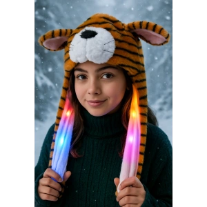 Kahverengi Kaplan Figürlü Işıklı Kulakları Oynayan Peluş Şapka