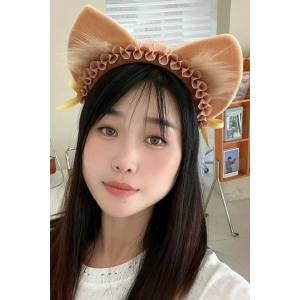 Kahverengi Kedi Kulak Detaylı Peluş Taç