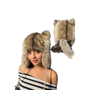 Kahverengi Kurt Detaylı Peluş Şapka