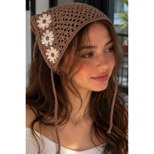 Kahverengi Renk Çiçek Desenli Örgü Saç Bandana