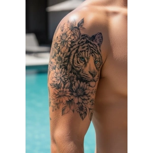 Kaplan Ve Çiçek Figürlü Geçici Dövme Tattoo