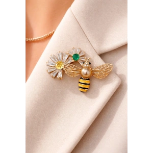 Karışık Renk Arı Ve Çiçek Figürlü Taşlı Broş