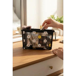 Karışık Renk Çiçek Detaylı Makyaj Çantası