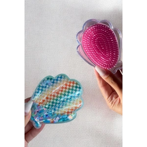 Karışık Renk Deniz Kabuğu Detaylı Kare Figürlü Simli Taşınabilir Saç Tarama Fırçası/ Tarak