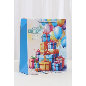 Karışık Renk Hediye Kutusu Ve Balon  Figürlü Karton Çanta