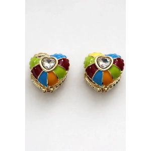 Karışık Renk Kalp Figürlü Çift Taraflı Taş Detaylı Küpe (Çift)