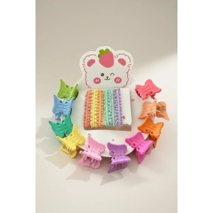 Karışık Renk Kelebek Figürlü Lastik Toka Ve Yan Toka Set