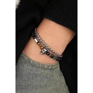 Karışık Renk Kurukafa Figürlü Zincir Ve Boncuk  Detaylı Çelik Erkek Bileklik