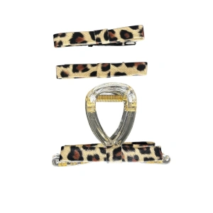 Karışık Renk Leopar Desenli Mandal Toka Ve Yan Toka Set