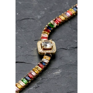 Karışık Renk Taş Detaylı 14K Altın Kaplama CM Zincir Bileklik