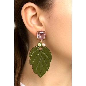 Karışık Renk Taş Detaylı Yaprak Figürlü Küpe (Çift)