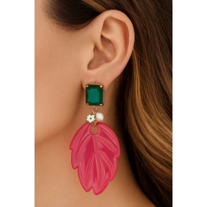 Karışık Renk Yaprak Figürlü Taş Detaylı Tasarım Küpe (Çift)