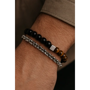 Karışık Renk Zincir Ve Boncuk Detaylı Çelik Erkek Bileklik