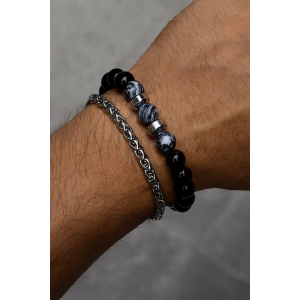 Karışık Renk Zincir Ve Boncuk Detaylı Çelik Erkek Bileklik