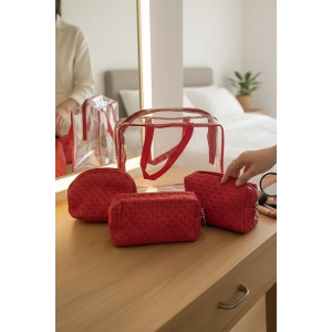 Kırmızı Renk 4lü Makyaj Çantası