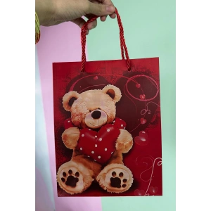 Kırmızı Renk Ayıcık Figürlü Karton Çanta