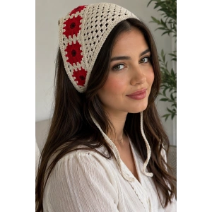 Kırmızı Renk Çiçek Desenli Örgü Saç Bandana