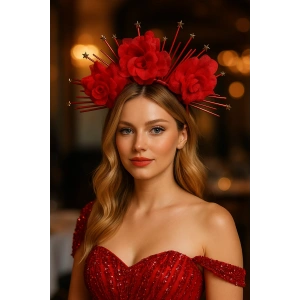 Kırmızı Renk Çiçek Detaylı Gelin/Kına/Nişan/Söz/Bride Tasarım Taç