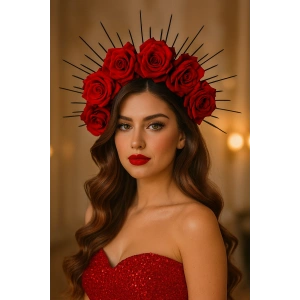 Kırmızı Renk Çiçek Detaylı Gelin/Kına Tasarım Taç