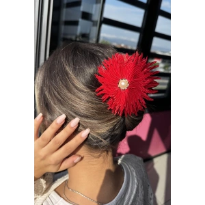 Kırmızı Renk Çiçek Figürlü İnci Detaylı Mandal Toka