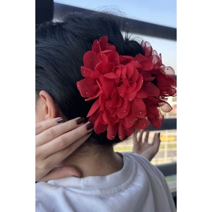 Kırmızı Renk Çiçek Figürlü Taş Detaylı Mandal Toka