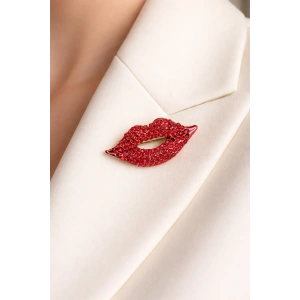 Kırmızı Renk Dudak Figürlü Taşlı Broş