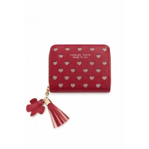 Kırmızı Renk Kalp Detaylı Deri Kadın Cüzdan