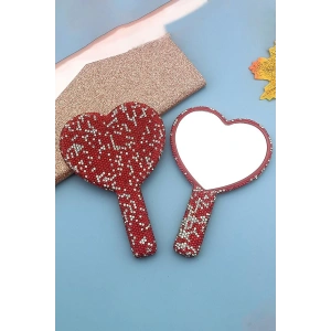 Kırmızı Renk Kalp Figürlü Taş Detaylı El Aynası