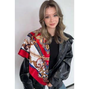 Kırmızı Renk Karışık Desenli Saten Şal/Fular