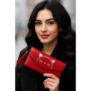 Kırmızı Renk Kedi Figürlü Deri Kadın Cüzdan