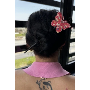 Kırmızı Renk Kelebek Figürlü Topuz Tokası/Topuz Kalemi