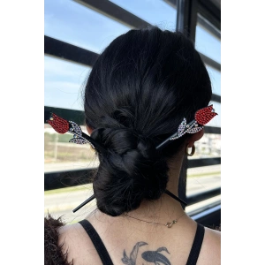 Kırmızı Renk Lale Figürlü Taş Detaylı Topuz Tokası/ Kalemi