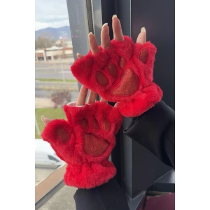 Kırmızı Renk Pati Figürlü Peluş Eldiven