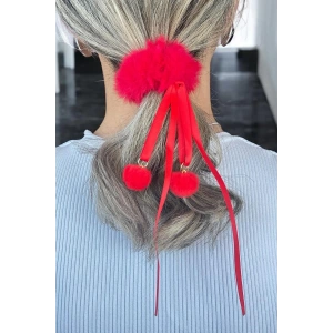 Kırmızı Renk Ponpon Detaylı Peluş Simit Toka