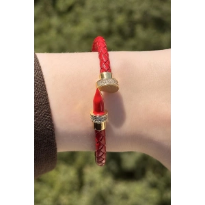 Kırmızı Renk Taş Detaylı Deri Kelepçe Bileklik
