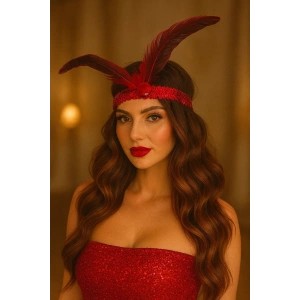 Kırmızı Renk Tüy Figürlü Charleston Saç Bandı