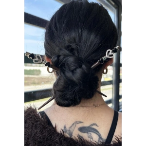 Koyu Kahve Renk Kalp Figürlü İkili Topuz Tokası/ Kalemi