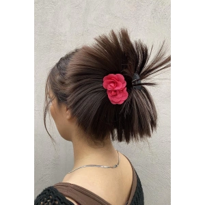 Koyu Kahve Renk Pembe Gül Detaylı Dağınık Topuz Efektli Mandal Toka