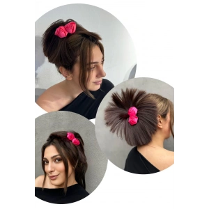 Koyu Kahve Renk Pembe Gül Detaylı Dağınık Topuz Efektli Mandal Toka