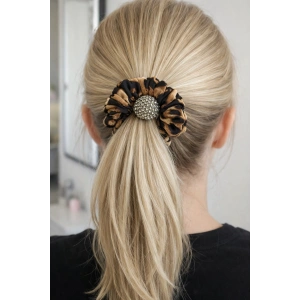 Koyu Kahverengi Leopar Detaylı Taşlı Lastik Toka