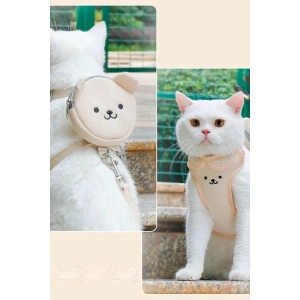Krem Renk Ayıcık Figürlü Çanta Detaylı Bel Göğüs Ayarlanabilir Kedi/Köpek Tasma