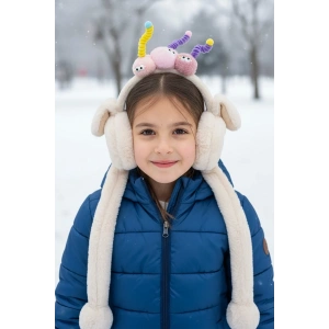 Krem Renk Canavar Figürlü Kulakları Oynayan Peluş Kulaklık