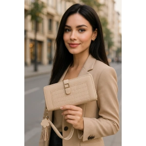 Krem Renk Deri Kadın Cüzdan